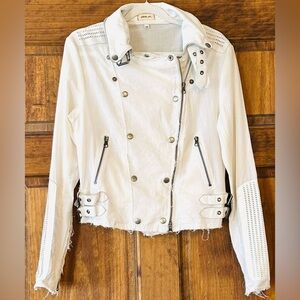Jakett…etc White Moto Jacket Leather & Linen Asymmetrical Zip Buckle Detail Edgy